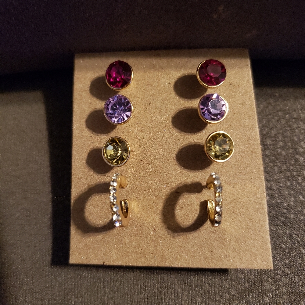 4 Pk Gold, Purple, Magenta, & Crystal Stud Earrings Set